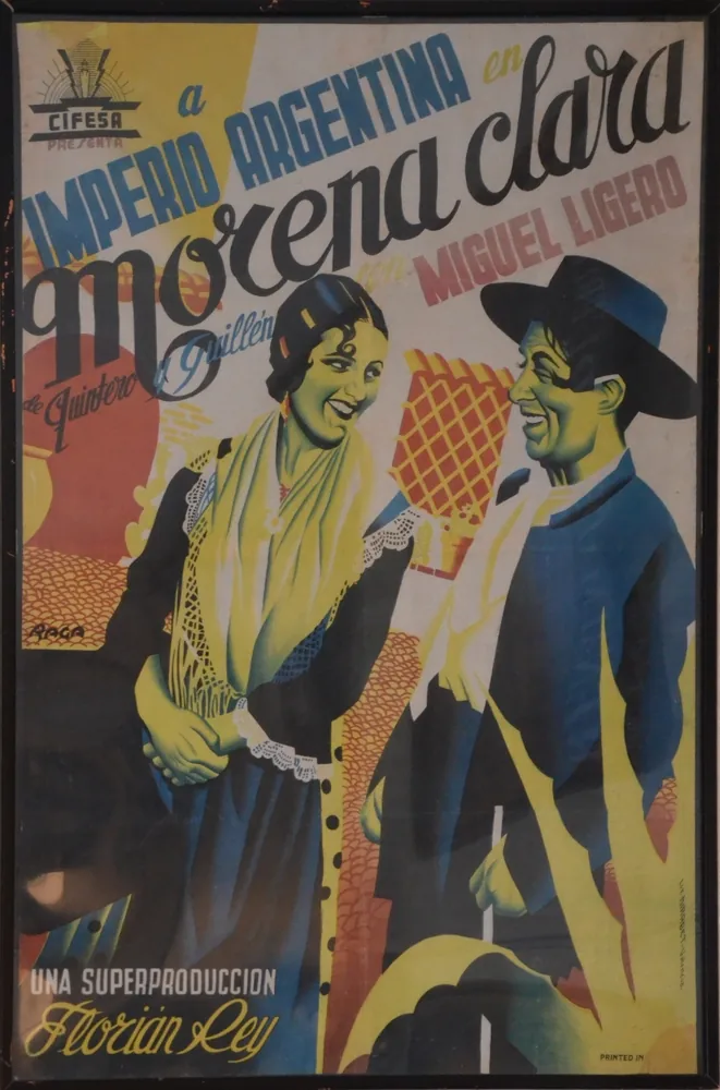 Cartel con los protagonistas de Morena Clara (1936). Imagen histórica del Legado Imperio Argentina; copia de catálogo para revisión privada.